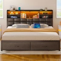 Rolanstar Bed Frame King Size With Drawers And Charging Station Upholstered Platform Bed With Storage Headboard And Led Light