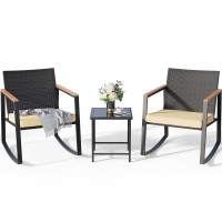 Gizoon 3 Pieces Rocking Patio Bistro Set With Antiscald Armrest Outdoor Patio Wicker Furniture Set With Glass Table And Cushio