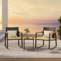 Gizoon 3 Pieces Rocking Patio Bistro Set With Antiscald Armrest Outdoor Patio Wicker Furniture Set With Glass Table And Cushio