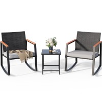 Gizoon 3 Pieces Rocking Patio Bistro Set With Antiscald Armrest Outdoor Patio Wicker Furniture Set With Glass Table And Cushio