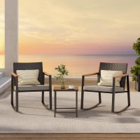 Gizoon 3 Pieces Rocking Patio Bistro Set With Antiscald Armrest Outdoor Patio Wicker Furniture Set With Glass Table And Cushio