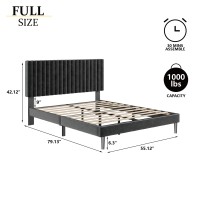 Sismplly Full Size Bed Frame With Velvet Upholstered Headboard  Platform Bed With Strong Wood Slats  Mattress Foundation  Box Spring Optional  Easy Assembly  Black