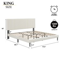 Sismplly King Size Bed Frame With Velvet Upholstered Headboard  Platform Bed With Strong Wood Slats  Mattress Foundation  Box Spring Optional  Easy Assembly  Beige