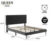 Sismplly Queen Size Bed Frame With Velvet Upholstered Headboard  Platform Bed With Strong Wood Slats  Mattress Foundation  Box Spring Optional  Easy Assembly  Black