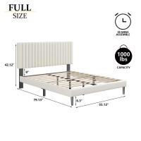 Sismplly Full Size Bed Frame With Velvet Upholstered Headboard  Platform Bed With Strong Wood Slats  Mattress Foundation  Box Spring Optional  Easy Assembly  Beige