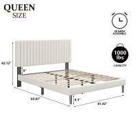 Sismplly Queen Size Bed Frame With Velvet Upholstered Headboard  Platform Bed With Strong Wood Slats  Mattress Foundation  Box Spring Optional  Easy Assembly  Beige