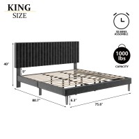 Sismplly King Size Bed Frame With Velvet Upholstered Headboard  Platform Bed With Strong Wood Slats  Mattress Foundation  Box Spring Optional  Easy Assembly  Black