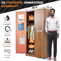 Metaltiger Metal Storage Cabinet Wardrobe - Metal Storage Locker With Locking Doors, Adjustable Shelf Position, Removable Hanging Rods, Mirror & Accessories (Wood Grain)