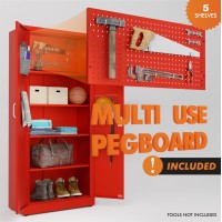 Metaltiger Metal Storage Cabinet - Multifunctional Garage Storage Cabinet With Doors And 5 Adjustable Shelves, Multi-Use Pegboard And Accessories, Mechanical Combination Lock Cabinet (Red)