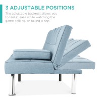 Best Choice Products Linen Modern Folding Futon, Reclining Sofa Bed For Apartment, Dorm W/Removable Armrests, 2 Cupholders - Light Blue