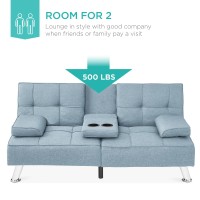 Best Choice Products Linen Modern Folding Futon, Reclining Sofa Bed For Apartment, Dorm W/Removable Armrests, 2 Cupholders - Light Blue