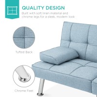 Best Choice Products Linen Modern Folding Futon, Reclining Sofa Bed For Apartment, Dorm W/Removable Armrests, 2 Cupholders - Light Blue