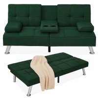 Best Choice Products Linen Modern Folding Futon, Reclining Sofa Bed For Apartment, Dorm W/Removable Armrests, 2 Cupholders - Dark Green