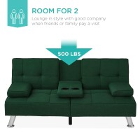 Best Choice Products Linen Modern Folding Futon, Reclining Sofa Bed For Apartment, Dorm W/Removable Armrests, 2 Cupholders - Dark Green