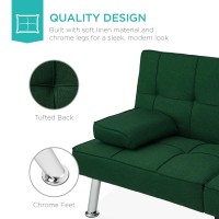 Best Choice Products Linen Modern Folding Futon, Reclining Sofa Bed For Apartment, Dorm W/Removable Armrests, 2 Cupholders - Dark Green