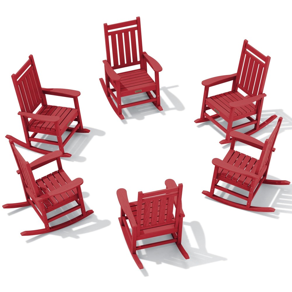 Serwall Hdpe Outdoor Rocking Chair Set Of 6 Outdoor Rocking Chairs For Adults All Weather Outdoor Rockers For Lawn Red