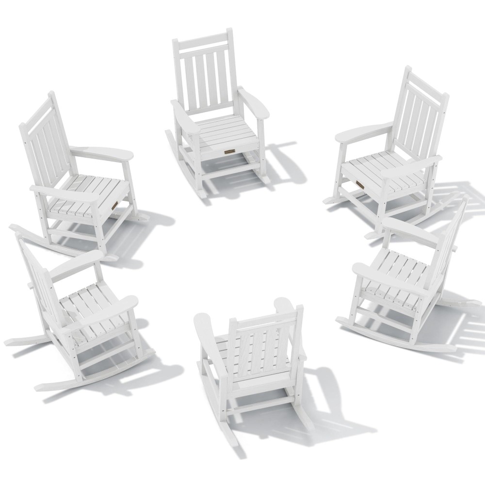 Serwall Hdpe Outdoor Rocking Chair Set Of 6 Outdoor Rocking Chairs For Adults All Weather Outdoor Rockers For Lawn White