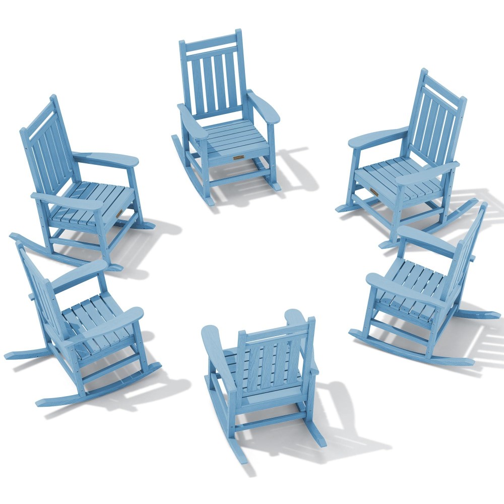 Serwall Hdpe Outdoor Rocking Chair Set Of 6 Outdoor Rocking Chairs For Adults All Weather Outdoor Rockers For Lawn Light Blue