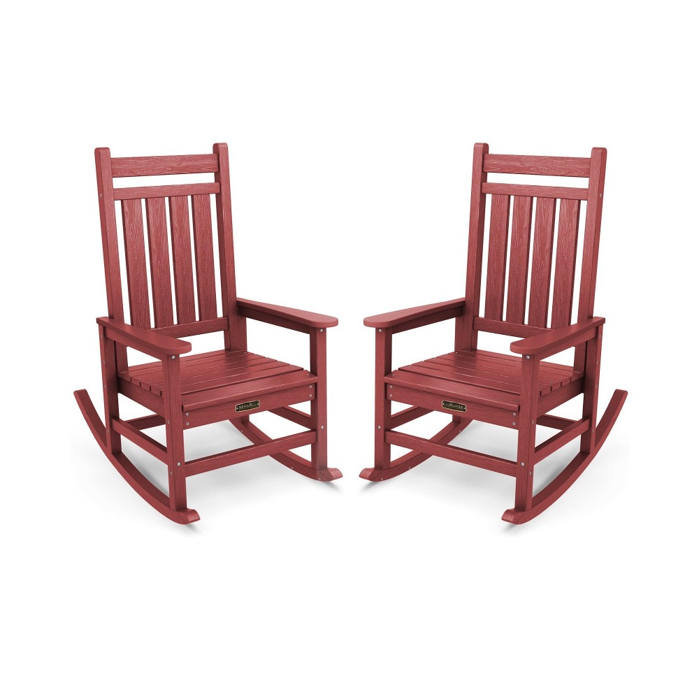 Serwall Outdoor Rocking Chair Set Of 2 Hdpe Rocking Chairs For Adult All Weather Porch Rockers For Lawn Garden Crimson Red