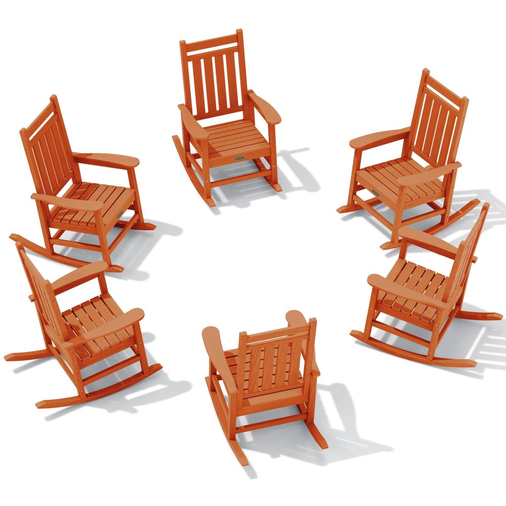 Serwall Hdpe Outdoor Rocking Chair Set Of 6 Outdoor Rocking Chairs For Adults All Weather Outdoor Rockers For Lawn Orange