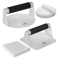 Smash Burger Press Pack Of 2 - Round And Square Meat Masher With Silicone Handles - Non-Stick Steel Hamburger Press With 100Pcs Parchment Papers - Burger Smasher For Hamburger Patties- Gift