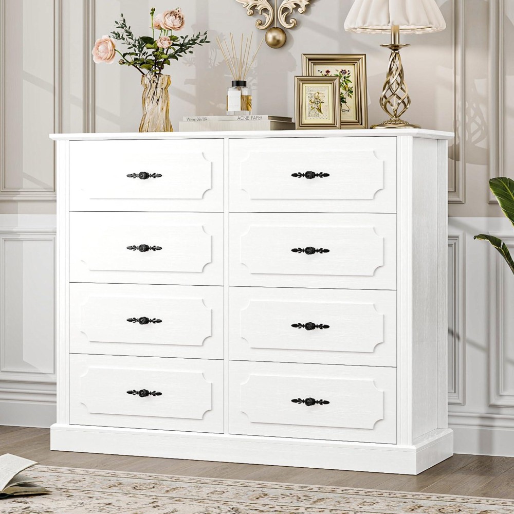 Finetones White Dresser Chest Of Drawers Wood Dresser 8 Drawer With Steel Handles Modern Dresser Drawers Floor Storage Cabinet