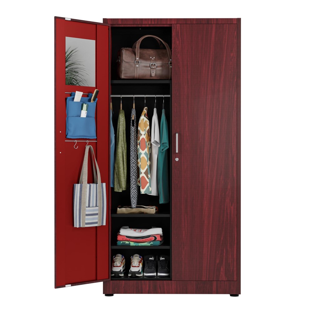 Metaltiger Metal Storage Cabinet Wardrobe - Metal Storage Locker With Locking Doors, Adjustable Shelf Position, Removable Hanging Rods, Mirror & Accessories (Dark Wood Grain)