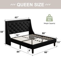 Feonase Queen Bed Frame With Luxury Wingback Upholstered Button Tufted Storage Headboard Queen Platform Bed With Charging Stati