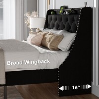 Feonase Queen Bed Frame With Luxury Wingback Upholstered Button Tufted Storage Headboard Queen Platform Bed With Charging Stati