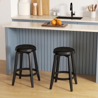Costway 360 Swivel Bar Stools Set Of 2, 26-Inch Height Vintage Upholstered Rubberwood Backless Bar Chairs With Footrest, Retro Kitchen Counter Stools For Kitchen Island Dining Room Home Bar, Black