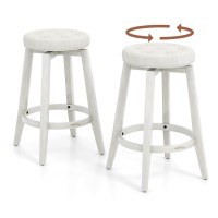 Costway 360 Swivel Bar Stools Set Of 2, 26-Inch Height Vintage Upholstered Rubberwood Backless Bar Chairs With Footrest, Retro Kitchen Counter Stools For Kitchen Island Dining Room Home Bar, White