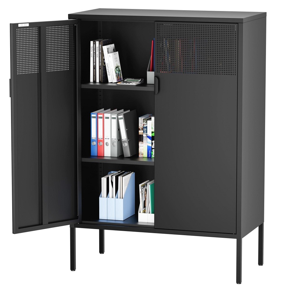 Ustamio Black Metal Storage Cabinet Metal Locker Storage Cabinet With Doors And Shelves 3 Tier Steel Office Storage Cabinet M