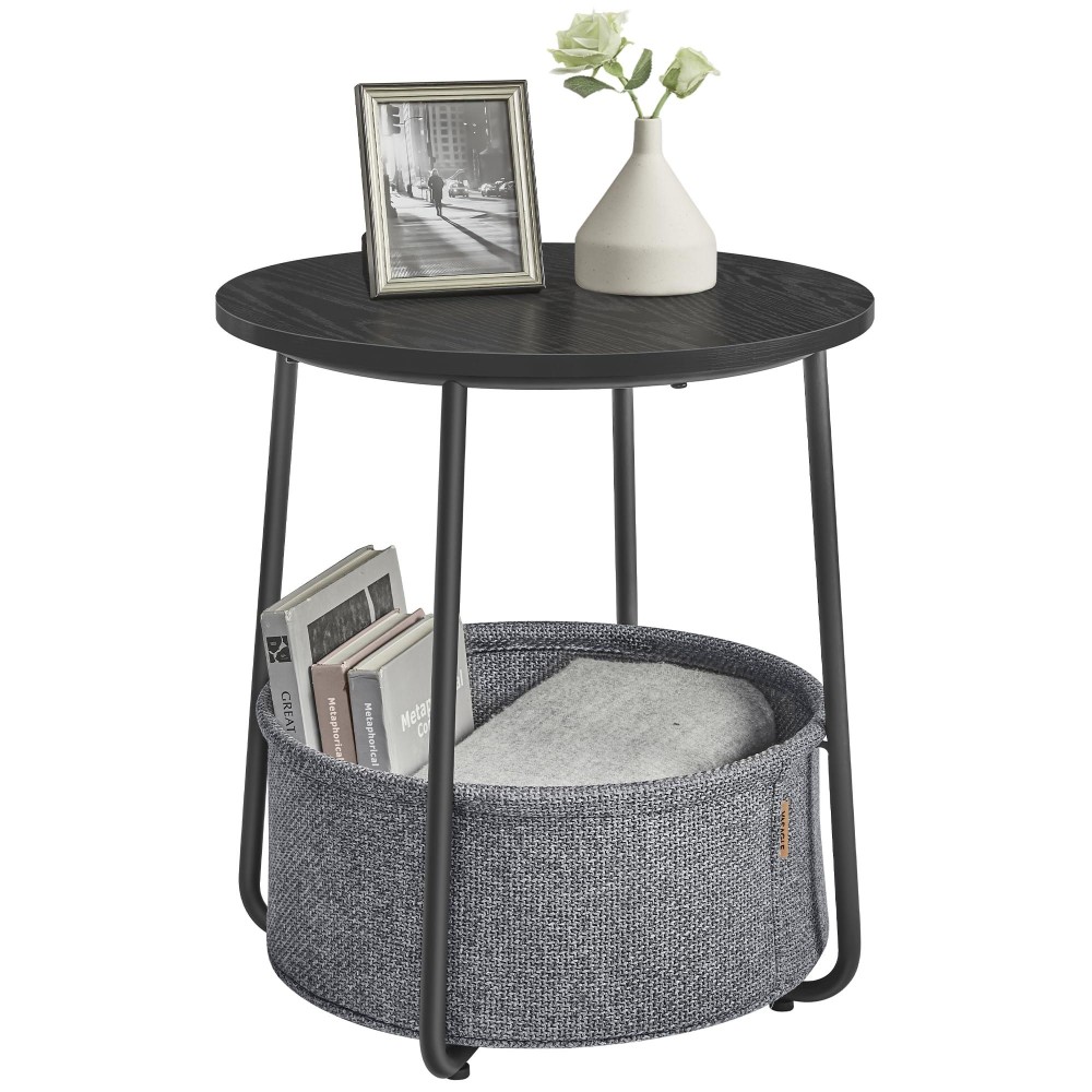 Vasagle End Table Small Bedside Table With Fabric Basket Modern Nightstand Round Side Table For Living Room Bedroom Ebony