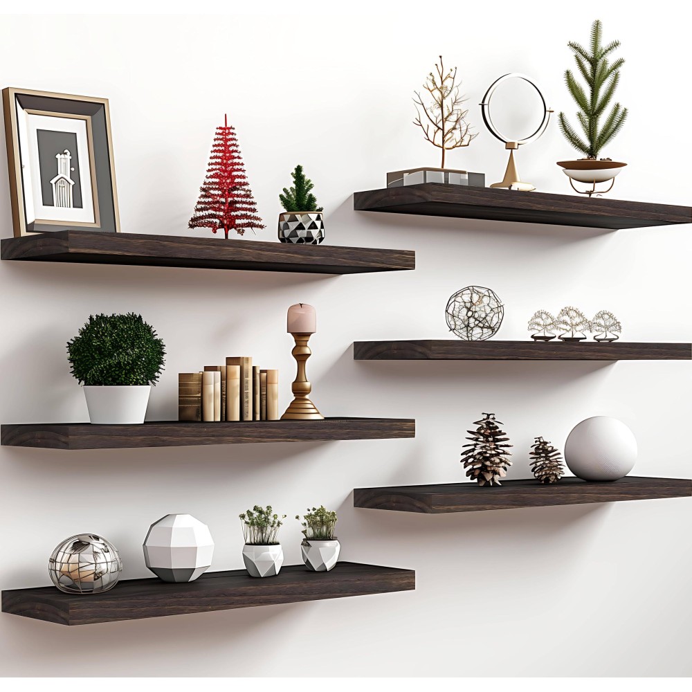 Phph 24 Inch Wood Floating Shelves For Wall Wooden Wall Shelves For Bedroom Set Of 6 Brown