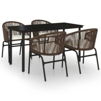 Vidaxl 5-Piece Patio Dining Set - Outdoor Furniture Set With Powder-Coated Steel Frame, Pvc Rattan Chairs, Glass Tabletop, Thickly Padded Cushions, Weather And Uv Resistant - Brown