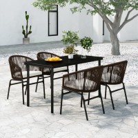 Vidaxl 5-Piece Patio Dining Set - Outdoor Furniture Set With Powder-Coated Steel Frame, Pvc Rattan Chairs, Glass Tabletop, Thickly Padded Cushions, Weather And Uv Resistant - Brown