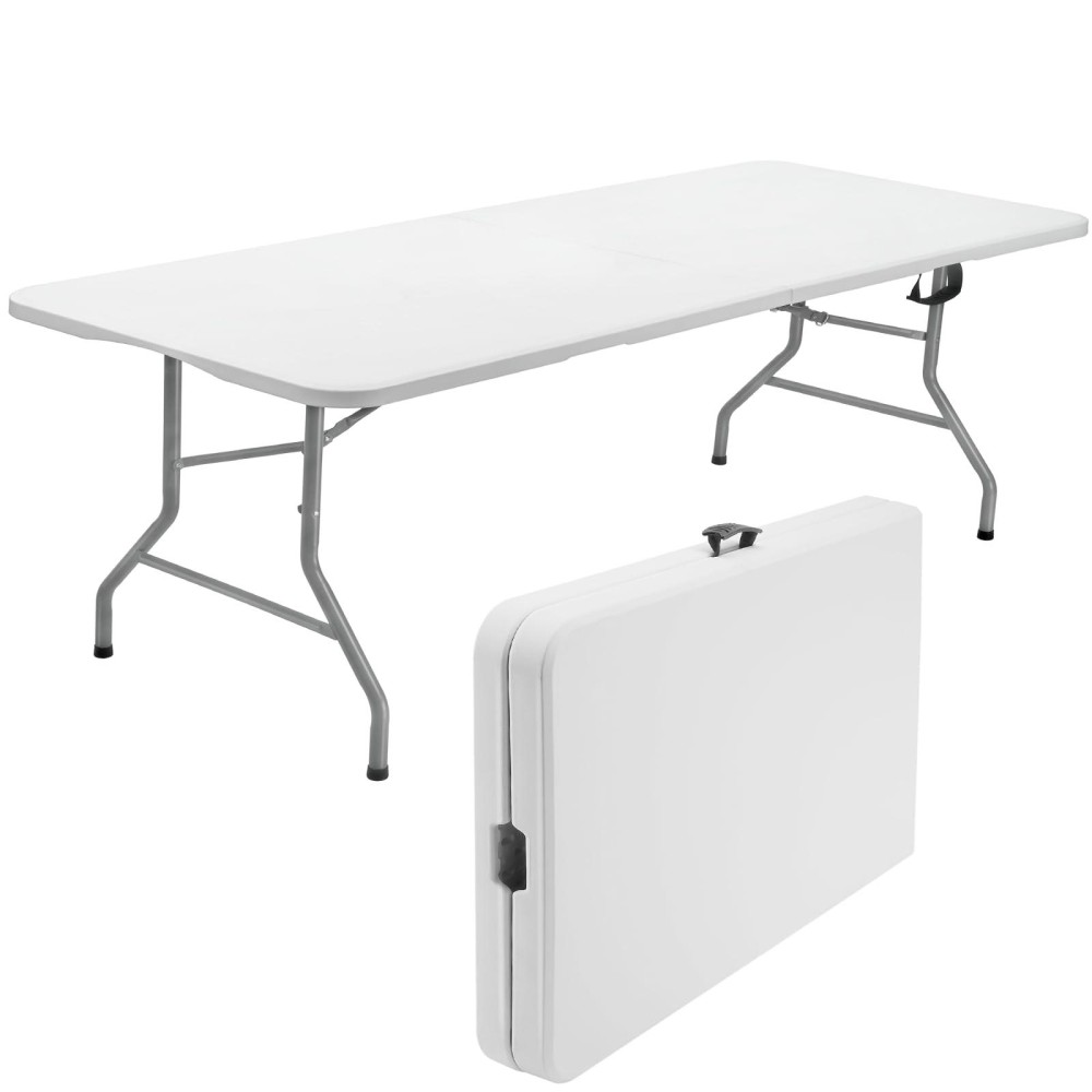 Skok 330Lbs Folding Picnic Table 8 Foot 8Ft Long Plastic Picnic Table Portable With Carry Handle White Tailgating Utility Comm