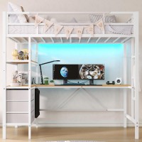 Dictac Twin Loft Bed With Lshaped Desk Led Lights Charging Station Led Loft Metal Bed Frame Twin Size With 3 Storage Shelves A