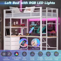 Dictac Twin Loft Bed With Lshaped Desk Led Lights Charging Station Led Loft Metal Bed Frame Twin Size With 3 Storage Shelves A