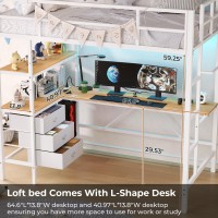 Dictac Twin Loft Bed With Lshaped Desk Led Lights Charging Station Led Loft Metal Bed Frame Twin Size With 3 Storage Shelves A