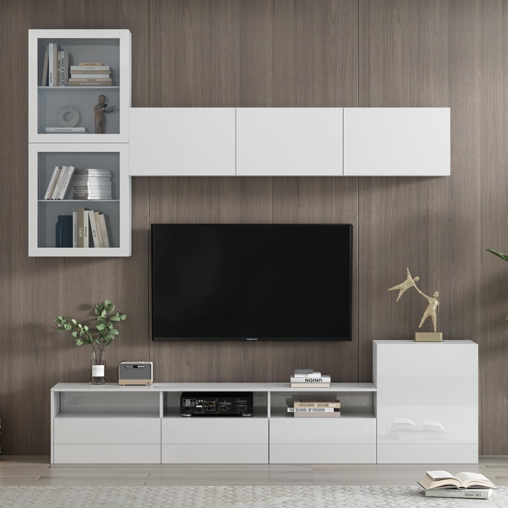 Merax High Gloss Tv Stand With Wall Mounted Floating Storage Cabinets Media Console For Television Up To 75 Versatile Entert