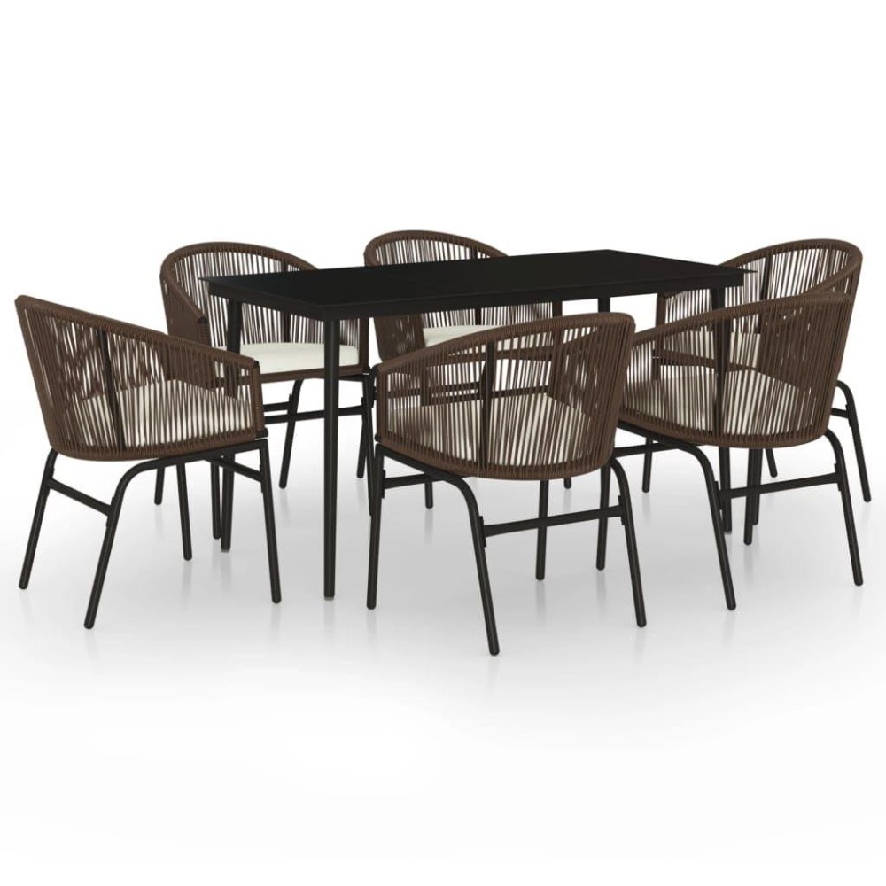 Vidaxl 7-Piece Patio Dining Set - Brown Pvc Rattan Chairs With Cushions, Glass Picnic Table, Weather-Resistant, Perfect For Outdoor Use