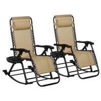 Outsunny 2 Pieces Outdoor Rocking Chairs Foldable Reclining Zero Gravity Lounge Rocker With Pillow Cup Phone Holder Combo D