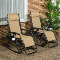 Outsunny 2 Pieces Outdoor Rocking Chairs Foldable Reclining Zero Gravity Lounge Rocker With Pillow Cup Phone Holder Combo D