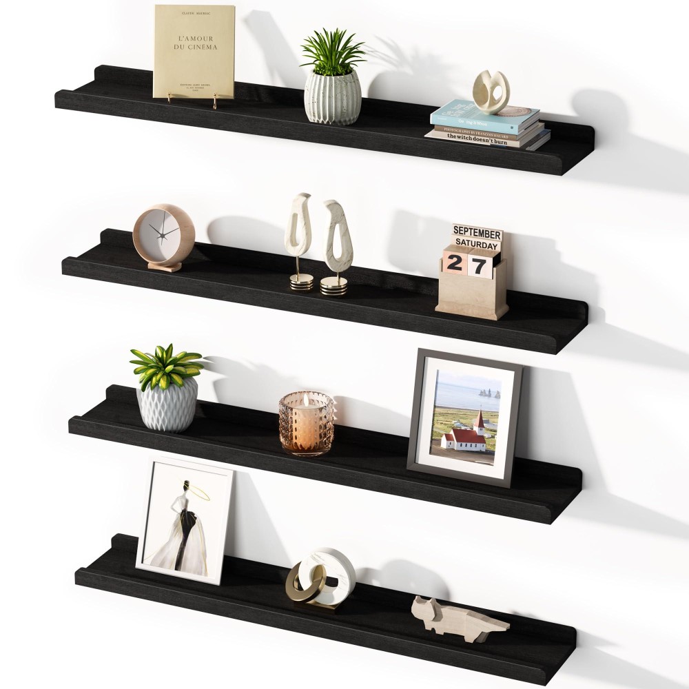 Lovekankei Black Floating Shelves For Wall Set Of 4 36 Inch Wall Shelves With Lip Rustic Wood Hanging Shelves For Bedroom Bath