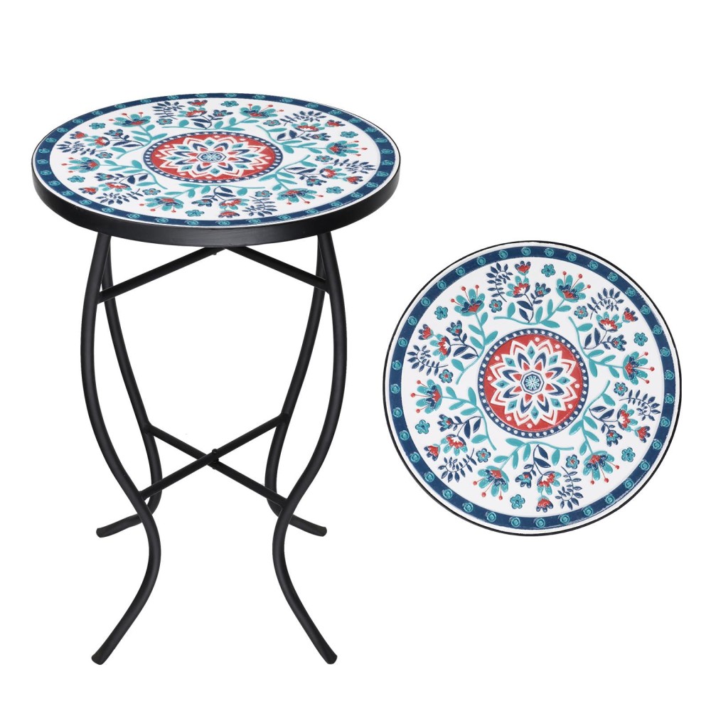 Vipush Mosaic Outdoor Patio Side Table 14 Round Folding End Table Patio Accent Table Indoor Plant Stand For Living Room Gera