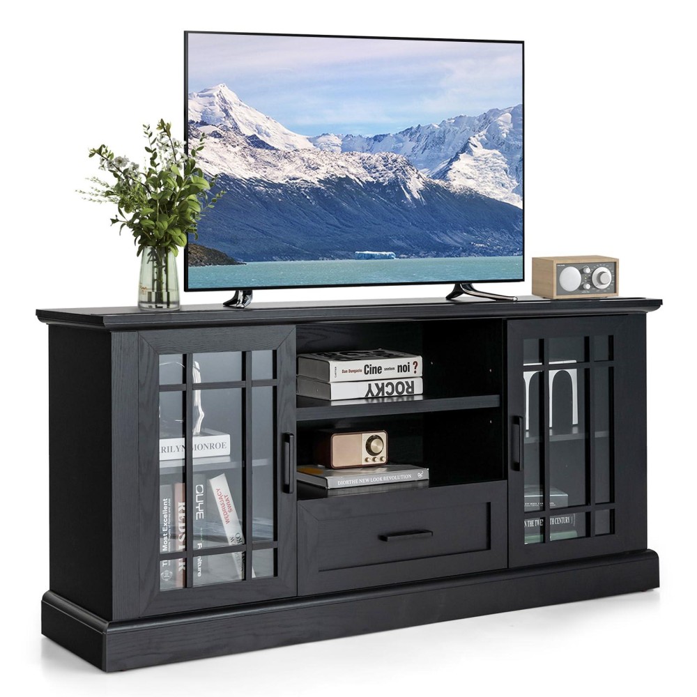 Kotek Farmhouse Tv Stand For Tvs Up To 70 Inch, Tall Tv Console W/2 Glass Doors, Adjustable Shelves, Drawer, Entertainment Center With Storage Cabinets For Living Room, Bedroom (Black)