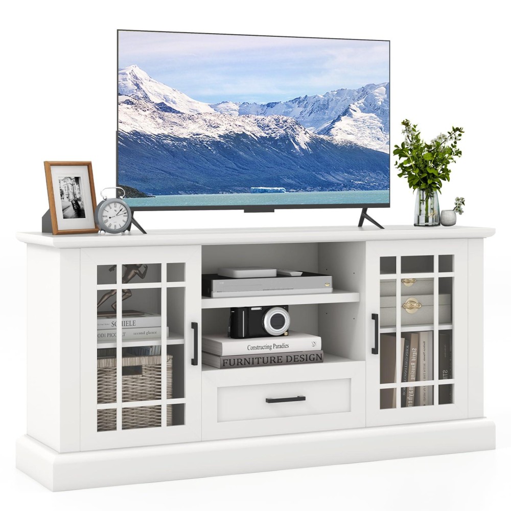 Kotek Farmhouse Tv Stand For Tvs Up To 70 Inch, Tall Tv Console W/2 Glass Doors, Adjustable Shelves, Drawer, Entertainment Center With Storage Cabinets For Living Room, Bedroom (White)