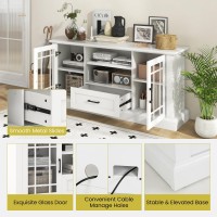 Kotek Farmhouse Tv Stand For Tvs Up To 70 Inch, Tall Tv Console W/2 Glass Doors, Adjustable Shelves, Drawer, Entertainment Center With Storage Cabinets For Living Room, Bedroom (White)