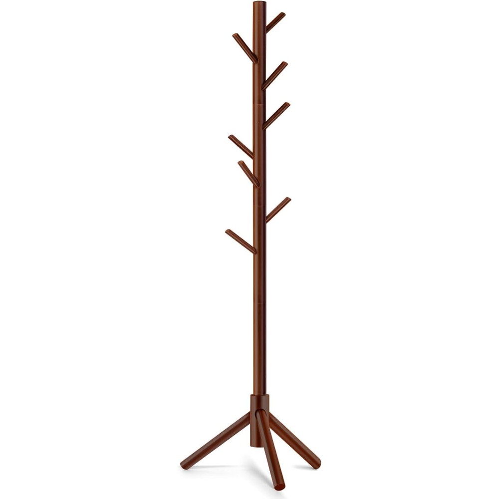 Kskspe Wooden Coat Rack Coat Rack Stand With 4 Height Options 8 Hooks Sturdy Freestanding Coat Rack For Clothes Bags Hats Tree C